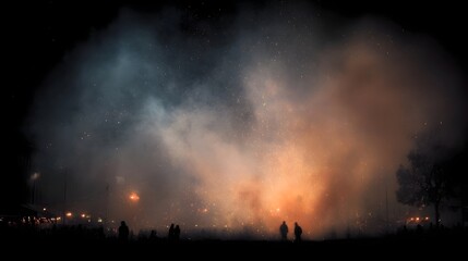 Dramatic nighttime spectacle of smoke sparks and glowing embers with silhouetted figures