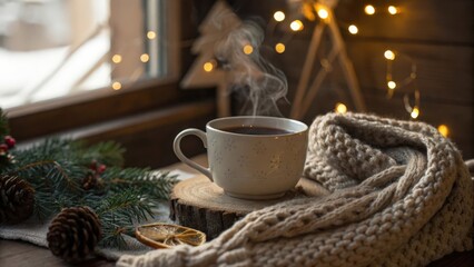 A steaming cup of tea rests on a wooden slice next to a knitted scarf with warm glowing lights in a cozy indoor setting