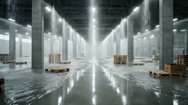 Water Pouring in Flooded Industrial Warehouse With Pallets and Columns