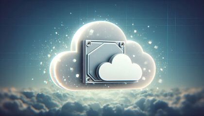 Abstract Data Fusion: Frosted Glass Cloud Morphing into Angular Hard Drive with Ethereal Digital Particles