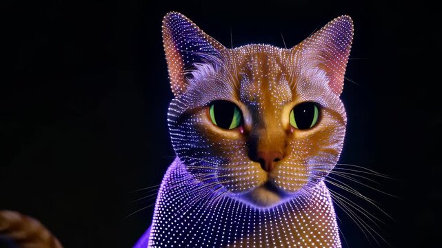 Digital Cat with Glowing Dots and Neon Effect
