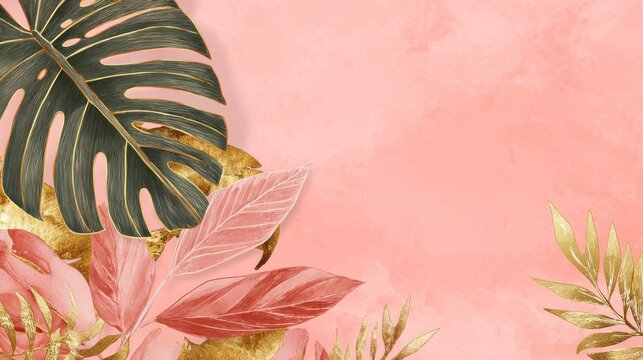 A pink and gold tropical leaf arrangement on a pink and gold background with a coral pink watercolor texture.