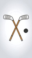 Illustration of hockey sticks crossed with a puck. Flat design, simple