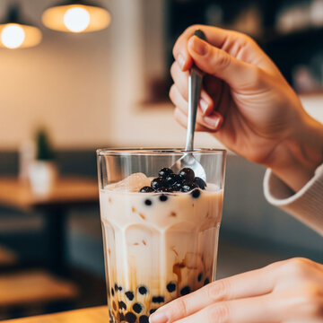 Crafting a refreshing boba tea drink with tapioca pearls and milk, a sweet treat for a modern lifestyle