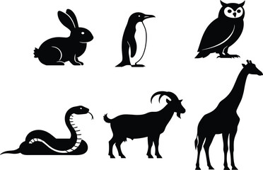 Animal silhouette set, black vector icons of rabbit, penguin, owl, snake, goat, and giraffe for wildlife and educational themes