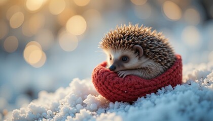 Adorable hedgehog snuggled in a red knitted blanket enjoys the winter snow, a charming and heartwarming scene perfect for holiday greetings