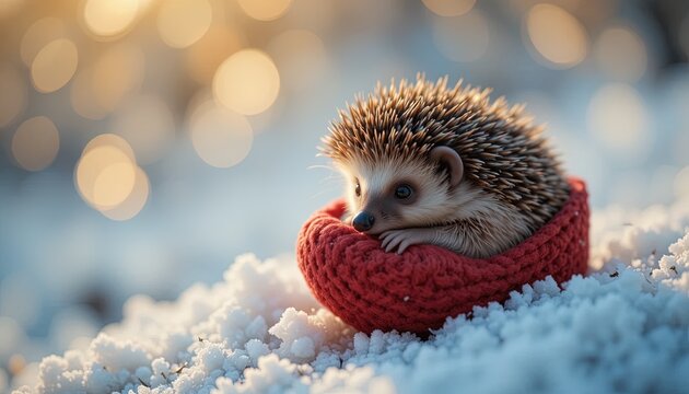 Adorable hedgehog snuggled in a red knitted blanket enjoys the winter snow, a charming and heartwarming scene perfect for holiday greetings