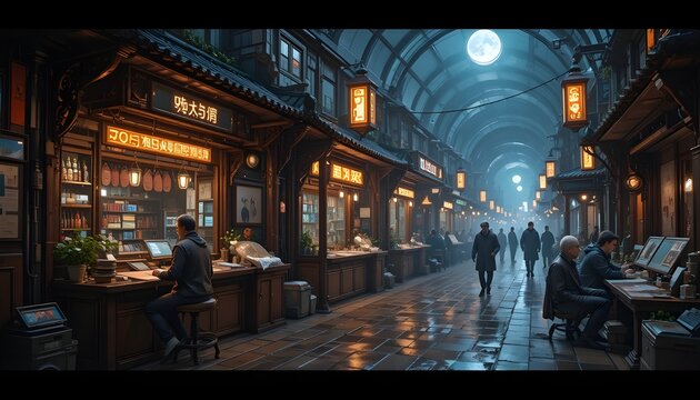&ldquo;Time Portal Street&rdquo; &mdash; a marketplace where future tech meets ancient culture in glowing stalls and robotic merchants.
