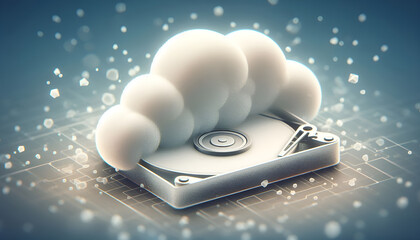 Seamless Glassmorphism Data Icon: A Translucent Cloud Transforming into a Modern Hard Drive with Floating Data Streams