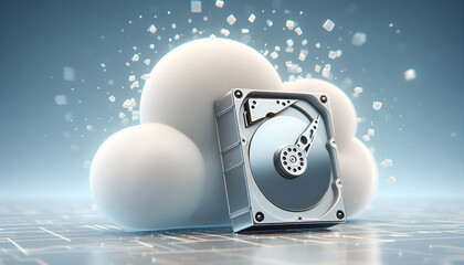 Digital Storage Concept: Glassmorphism Icon of a Soft Cloud Seamlessly Becoming a Semi-Transparent Hard Drive
