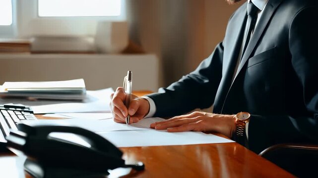 Businessman signing document at office desk
