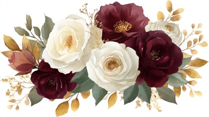 A watercolor painting of a bouquet of flowers, primarily featuring burgundy and white roses with gold accents, set against a white background with a subtle gold leaf pattern.