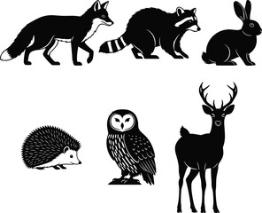 Woodland animal silhouette set, black-and-white vector icons of fox, raccoon, rabbit, hedgehog, owl, and deer for nature themes