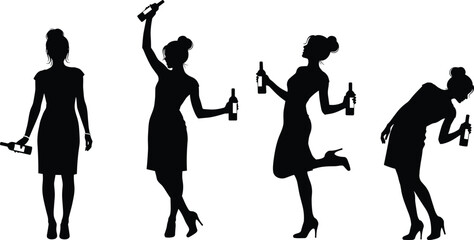 Silhouette of woman holding and drinking wine bottle, female figure celebration poses, party girl outline vector illustration, alcohol concept black shadow