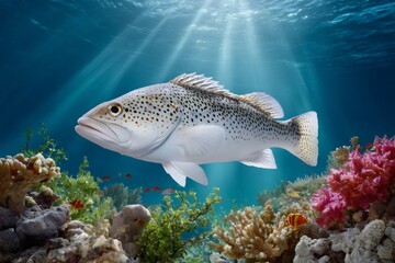 Spotted white fish swimming over tropical coral reef