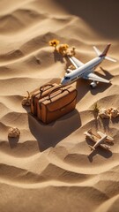 chocolate with nuts and chocolate, Miniature toy airplanes and a small suitcase are placed on rippled sand, evoking a travel theme