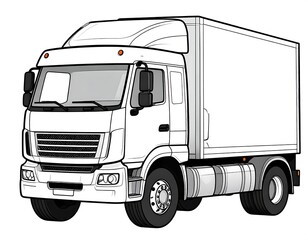 Line art illustration of a delivery truck, white with cargo bay