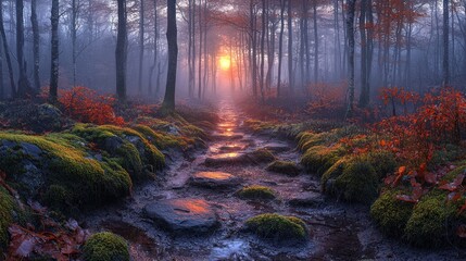 Obraz premium A stone pathway through a misty forest with autumn foliage and a glowing sunrise in the distance