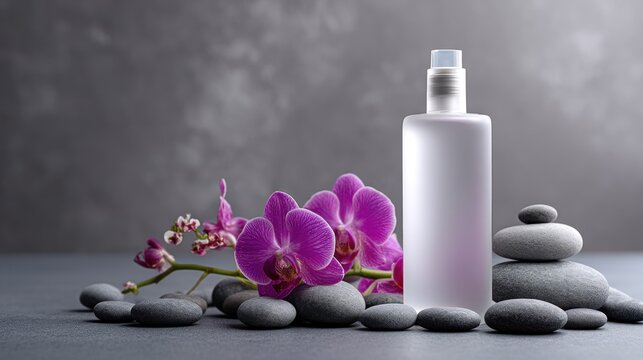 A white bottle with a purple cap, surrounded by gray stones and a purple orchid, on a gray background with a textured pattern.