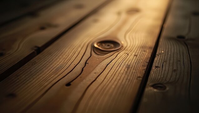 perspective highlights the natural grain and warm tones of wooden planks, with knots and intricate patterns showcased under soft, golden light that enhances the textural details and creates a sense...