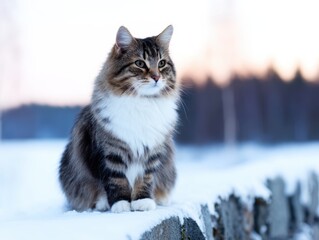 Fototapeta premium majestic cat sits on a snowy wall, gazing into the distance with a serene expression against a soft, blurred background.