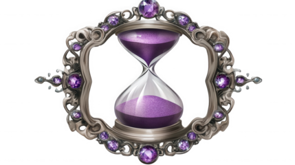 Elegant hourglass with purple sand and jeweled frame isolated on transparent background