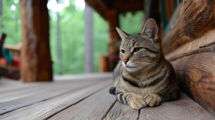 relaxed cat lounging on a wooden porch surrounded by greenery, embodying a serene and cozy atmosphere.