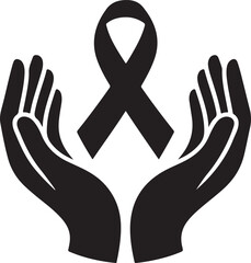 Hands holding black awareness ribbon symbol of support and remembrance