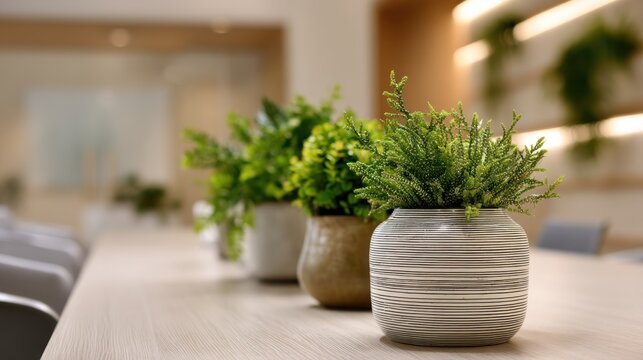 A modern office conference room with a wooden table and green plants in ceramic pots, featuring a neutral color palette and a minimalist design. - Powered by Adobe