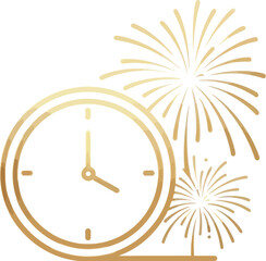 Golden clock and fireworks celebrate new year's eve on a dark background
