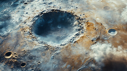 Dramatic aerial view of a large crater on a barren planetary surface