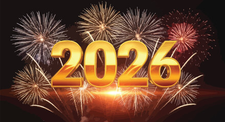 Golden 2026 new year celebration with fireworks against a dark night sky scene
