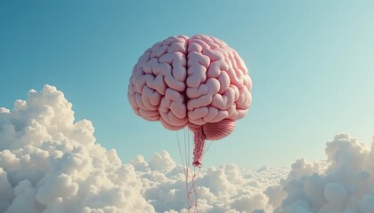 A surreal photo of a realistic brain-shaped balloon floating in a clear blue sky, symbolizing creativity, imagination, and the power of free thinking