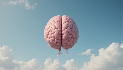 A surreal photo of a realistic brain-shaped balloon floating in a clear blue sky, symbolizing creativity, imagination, and the power of free thinking