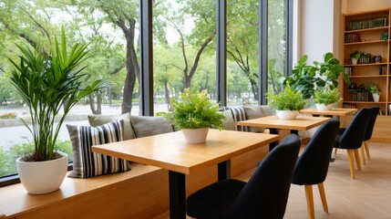Fototapeta premium Cafe interior featuring large windows overlooking green park