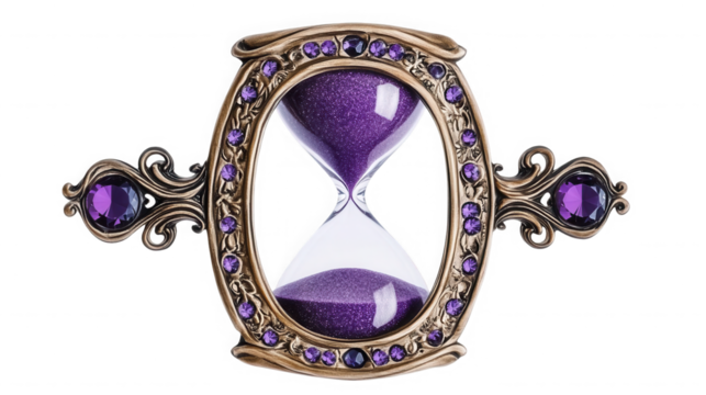 Elegant hourglass with purple sand isolated on transparent background, time concept