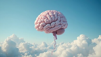 A surreal photo of a realistic brain-shaped balloon floating in a clear blue sky, symbolizing creativity, imagination, and the power of free thinking