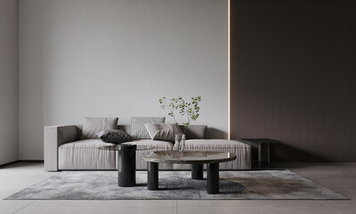 The moderrn minimal living room and white and wooden wall background. 3d rendering