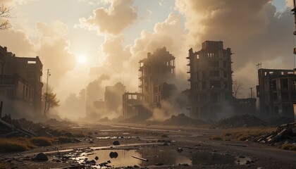 Eerie abandoned city landscape with dramatic sky and light creating a sense of desolation and mystery, perfect for dystopian or post-apocalyptic themes