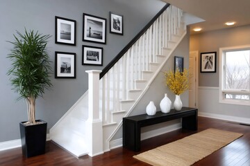 Modern home entryway with staircase and gallery wall