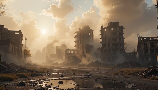 Eerie abandoned city landscape with dramatic sky and light creating a sense of desolation and mystery, perfect for dystopian or post-apocalyptic themes