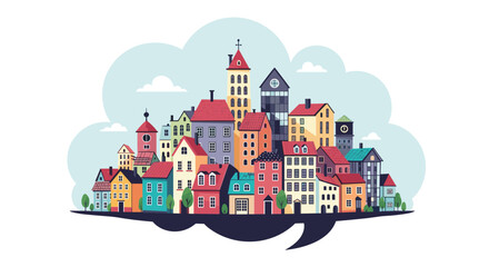 Whimsical cartoon city with colorful houses and buildings nestled within a floating speech bubble shape, symbolizing urban life and dialogue.