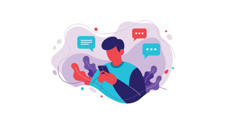 Fototapeta premium A person is actively engaging with their mobile phone, surrounded by various message bubbles, symbolizing digital communication and online interaction.