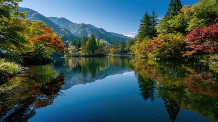 A serene lake surrounded by autumn foliage, with mountains in the background and a clear blue sky above.