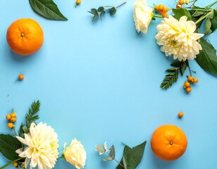 Floral and Citrus Flat Lay on Light Blue Background.