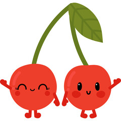 Cute Cartoon Pair of Red Cherries With Happy Faces and Waving Arms Isolated on White Background