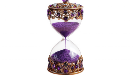 Decorative hourglass with purple sand and jeweled accents isolated on transparent background