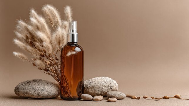 A brown glass spray bottle with a silver cap, surrounded by dried grasses and rocks on a beige background.
