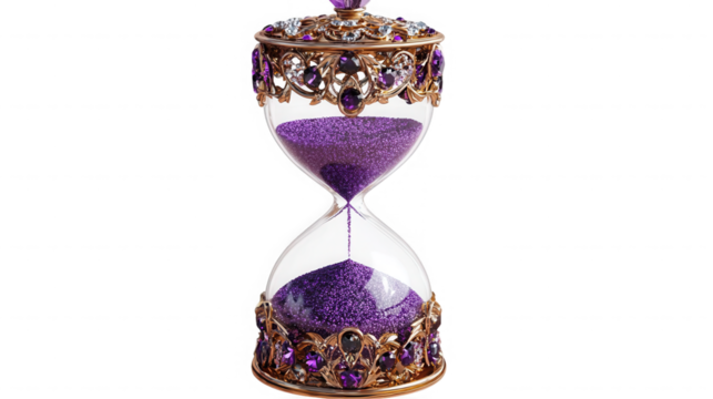 Decorative hourglass with purple sand and jeweled accents isolated on transparent background