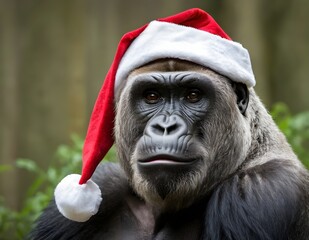 a gorilla wearing a santa hat